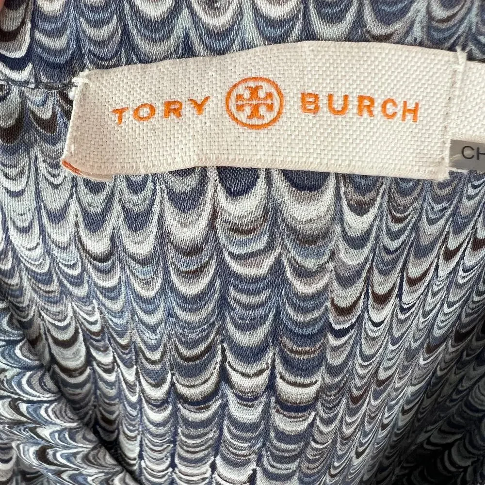 TORY BURCH Tie-Neck Gray Marble Print Silk Blouse Long Sleeves Relaxed Fit Sz M